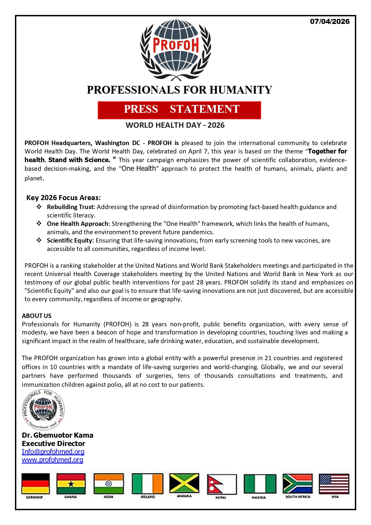 World Health Day 2026 Press Statement